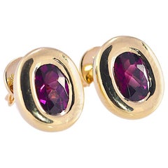 18 Karat Yellow Gold Rhodolite Garnet Bezel Set Solitaire Earrings 7.9 Grams