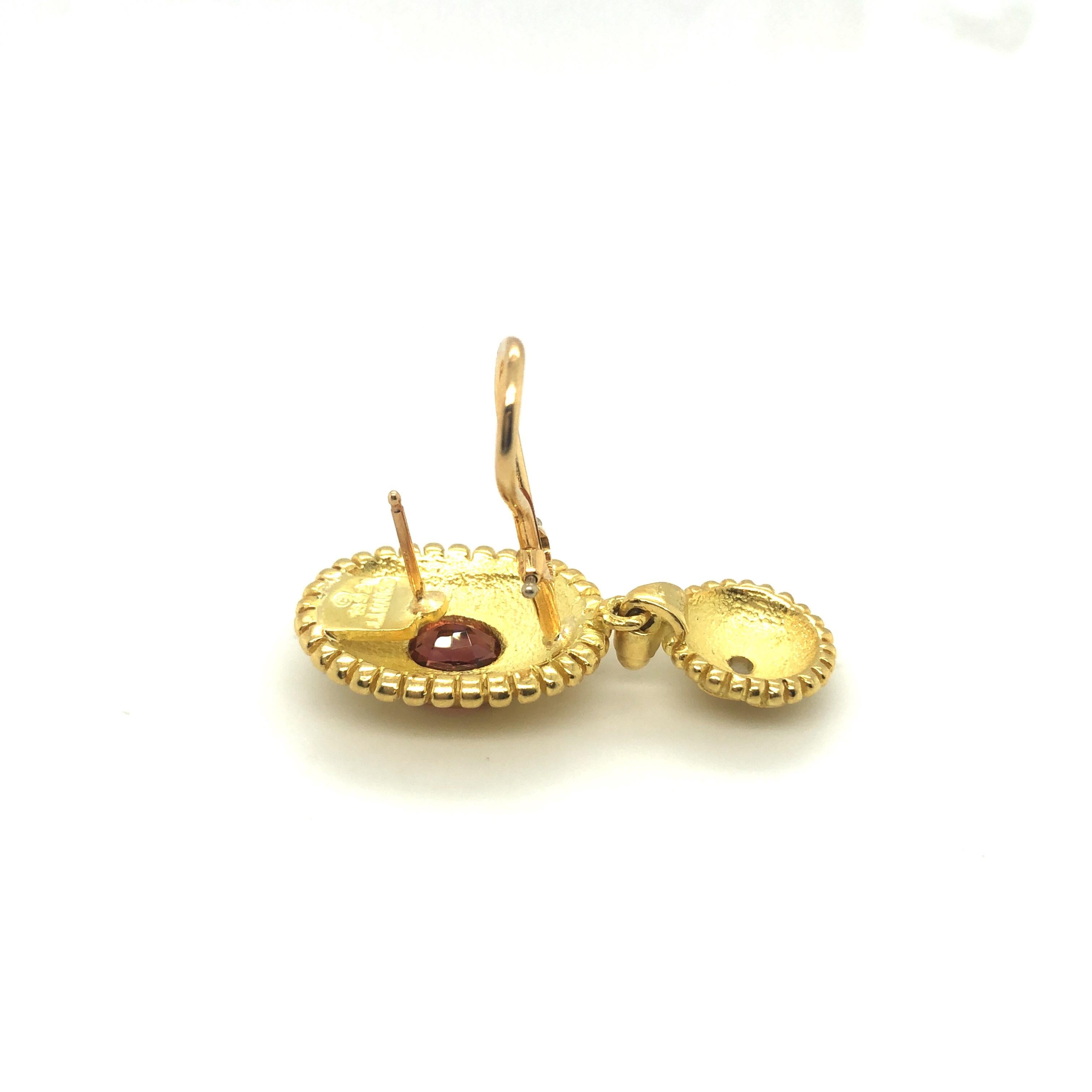Etruscan Revival 18 Karat Yellow Gold Rhodolithe Garnet and Cultured Pearls Earrings