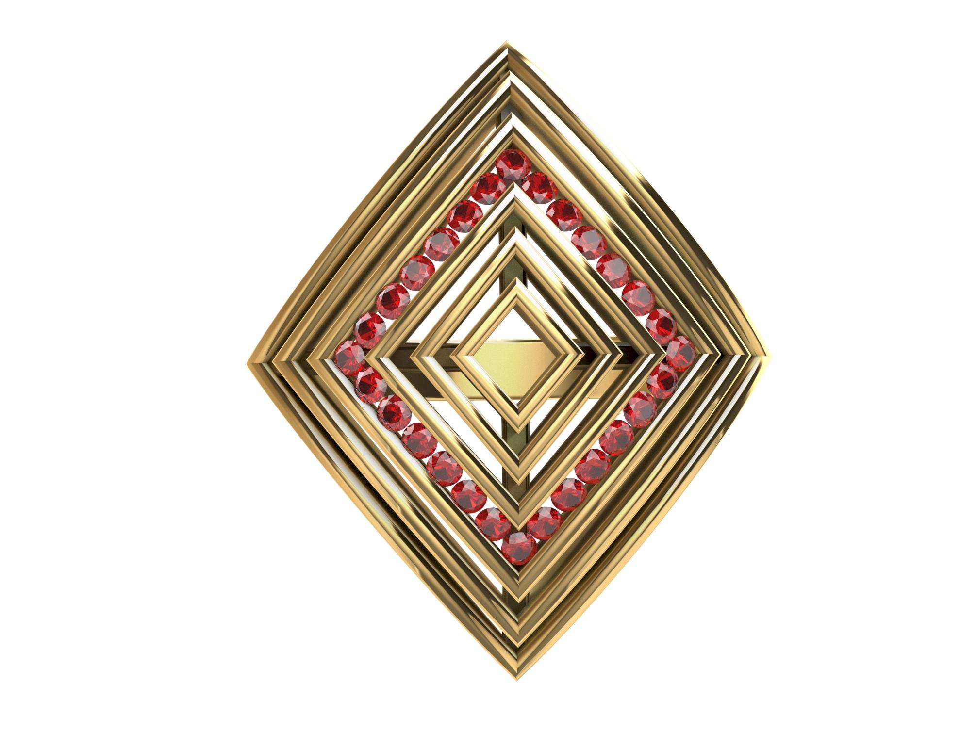 For Sale:  18 Karat Yellow Gold Rhombus Ruby Rows Ring 3