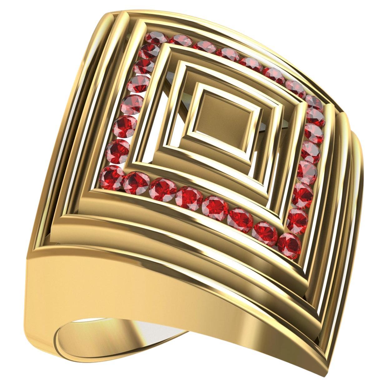 For Sale:  18 Karat Yellow Gold Rhombus Ruby Rows Ring