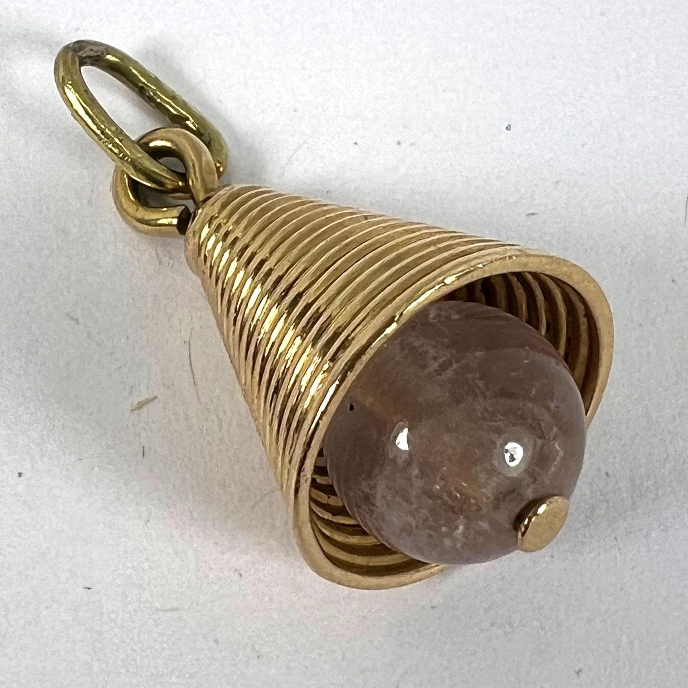18 Karat Yellow Gold Ridged Bell with Rose Quartz Bead Charm Pendant For Sale 7