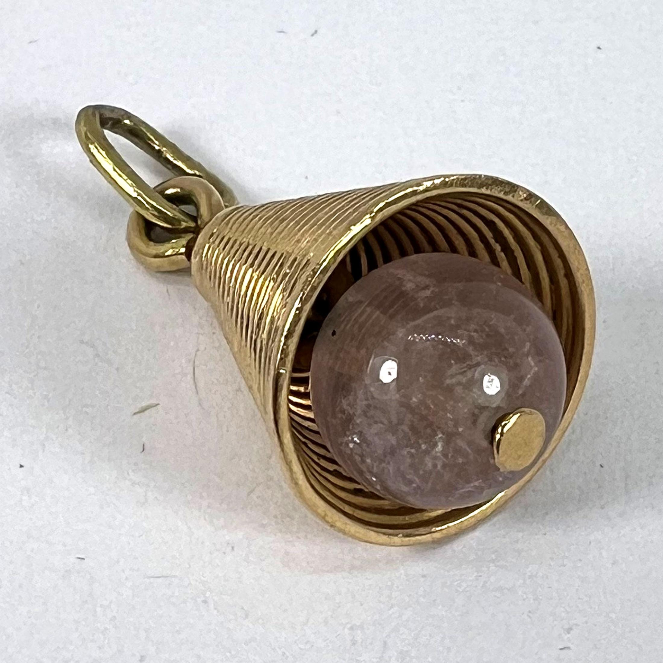 18 Karat Yellow Gold Ridged Bell with Rose Quartz Bead Charm Pendant For Sale 8