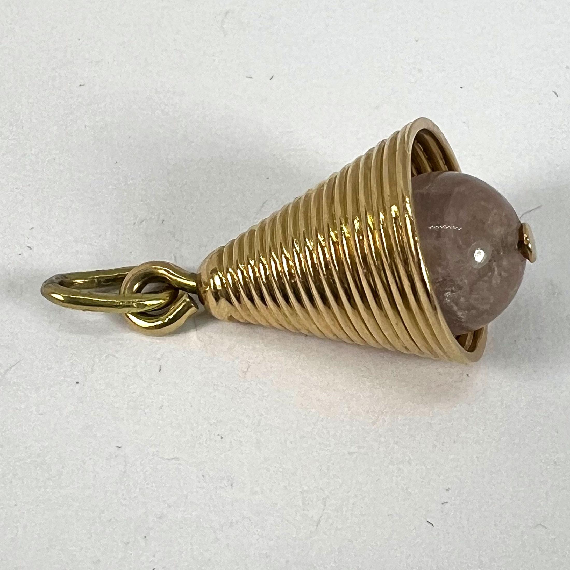 18 Karat Yellow Gold Ridged Bell with Rose Quartz Bead Charm Pendant For Sale 9