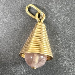 18 Karat Yellow Gold Ridged Bell with Rose Quartz Bead Charm Pendant