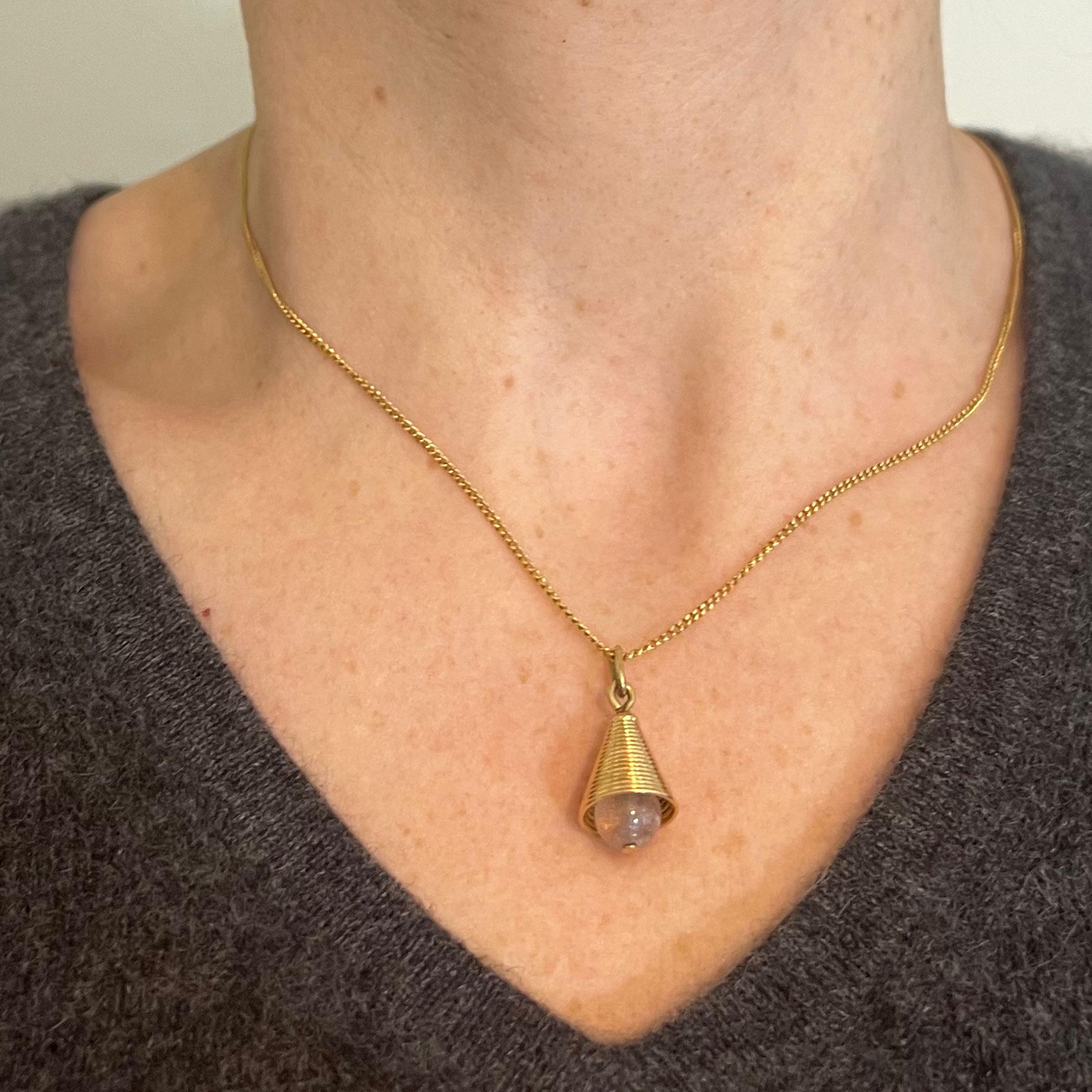 Women's 18 Karat Yellow Gold Ridged Bell with Rose Quartz Bead Charm Pendant For Sale