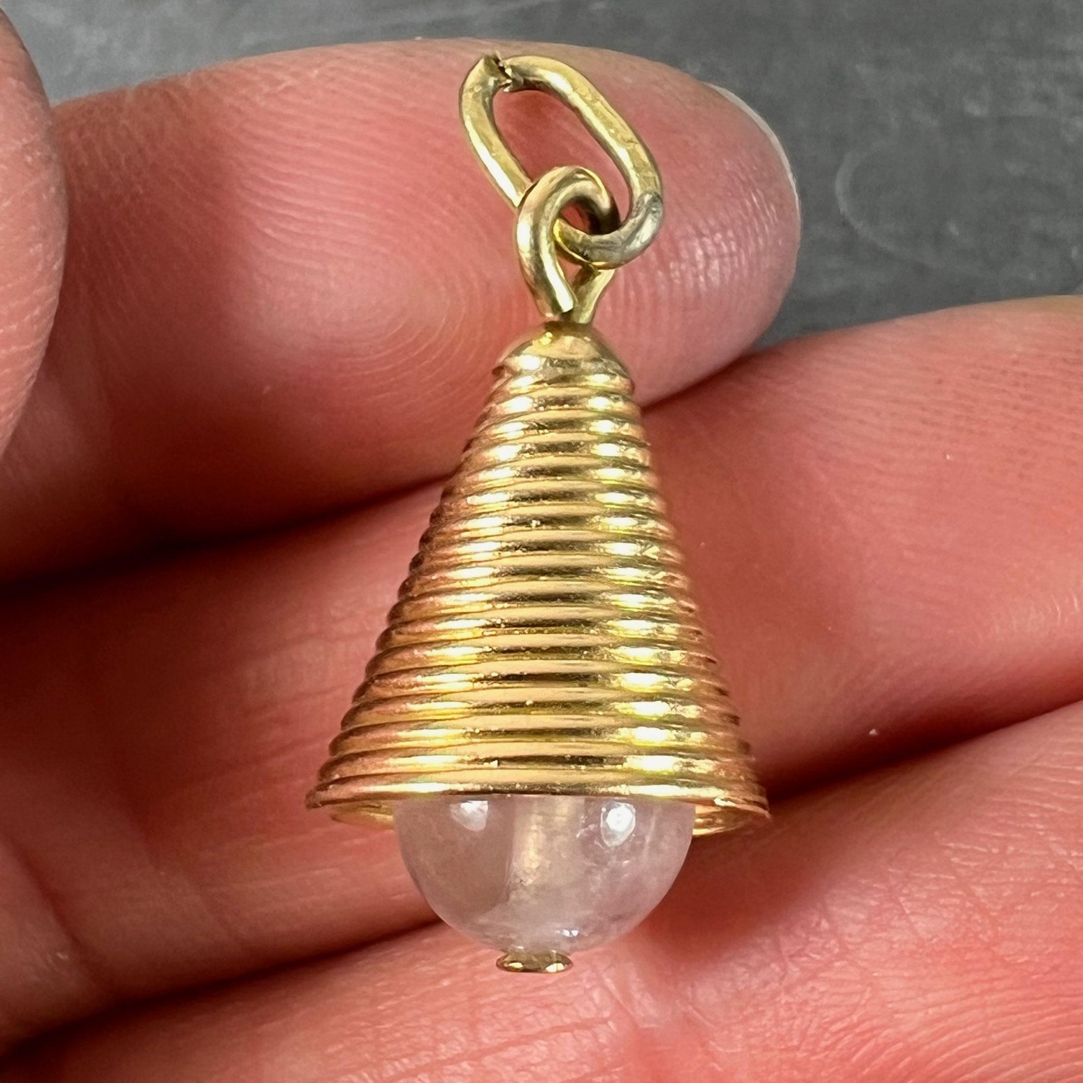 18 Karat Yellow Gold Ridged Bell with Rose Quartz Bead Charm Pendant For Sale 1