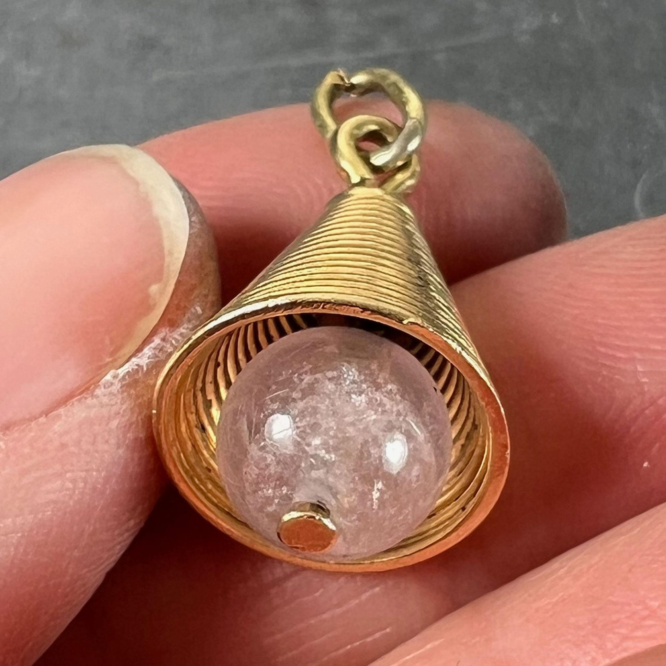 18 Karat Yellow Gold Ridged Bell with Rose Quartz Bead Charm Pendant For Sale 2