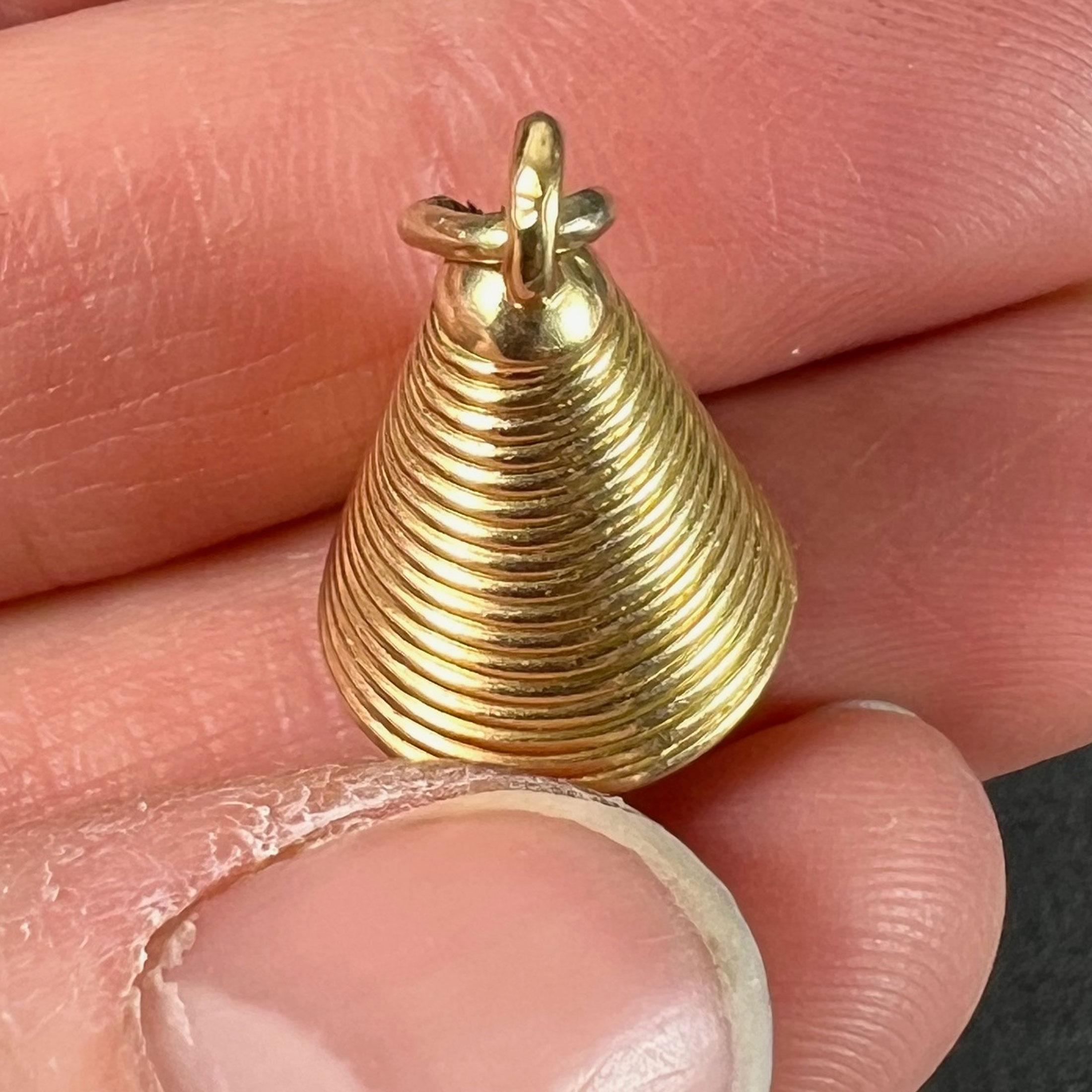 18 Karat Yellow Gold Ridged Bell with Rose Quartz Bead Charm Pendant For Sale 3