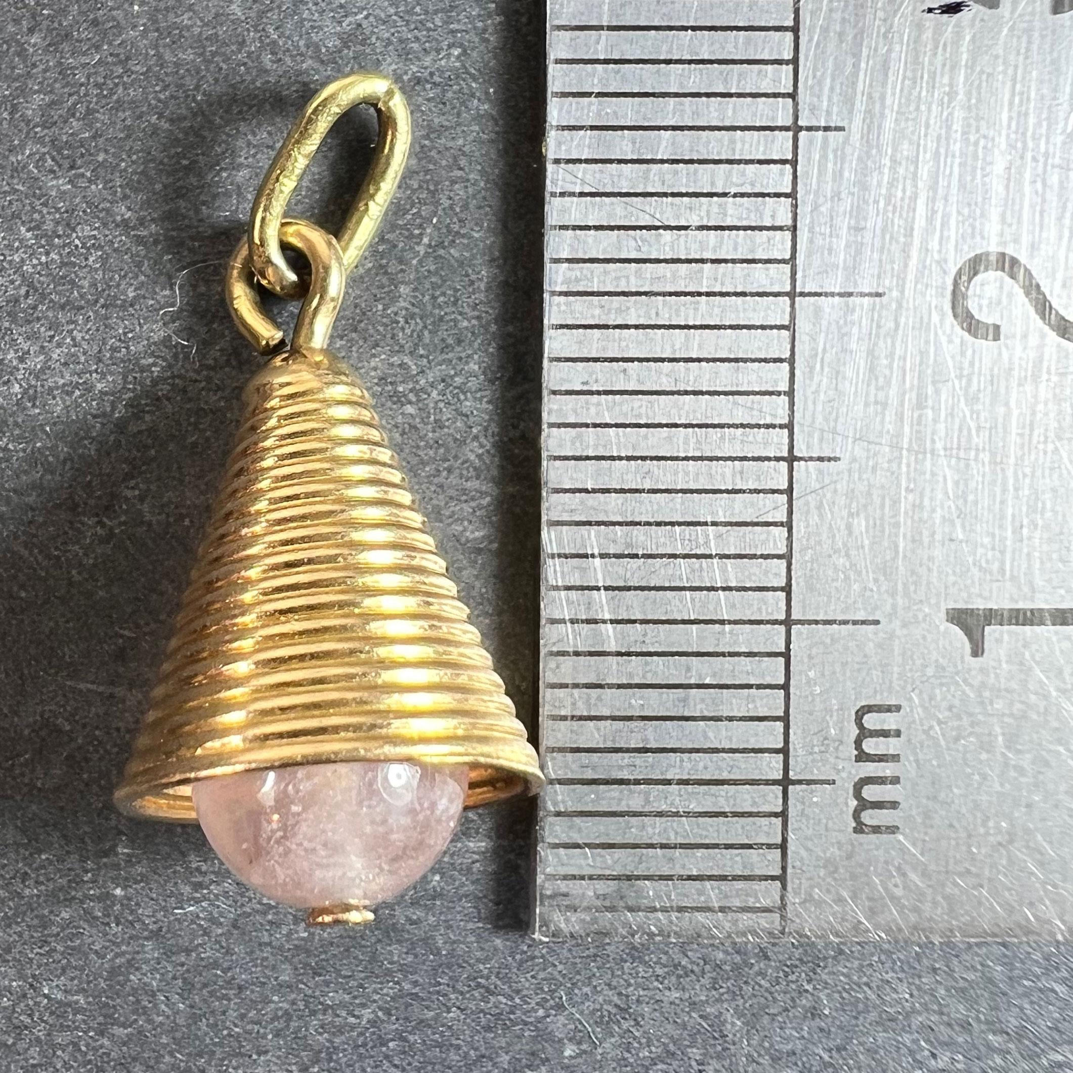 18 Karat Yellow Gold Ridged Bell with Rose Quartz Bead Charm Pendant For Sale 4