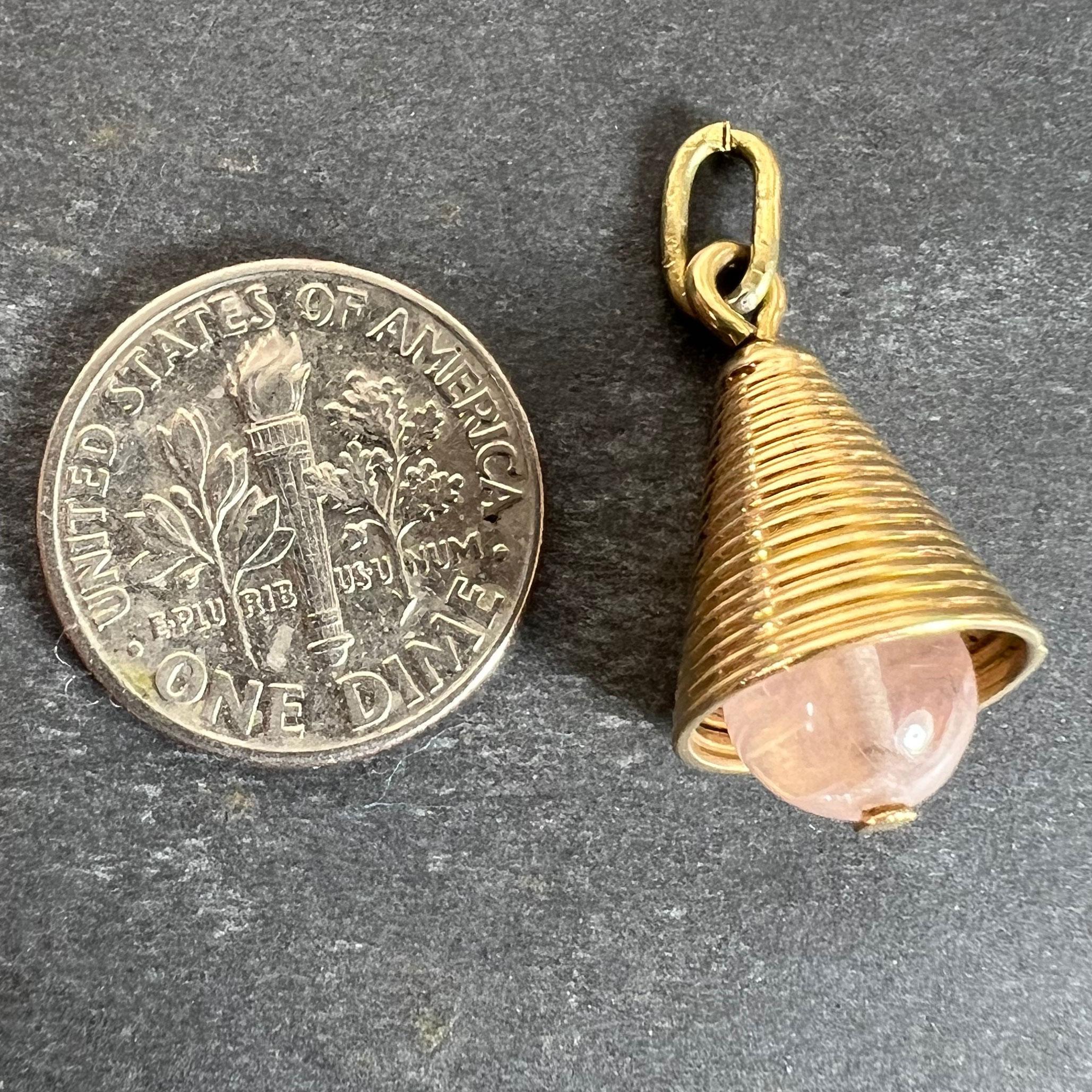 18 Karat Yellow Gold Ridged Bell with Rose Quartz Bead Charm Pendant For Sale 5