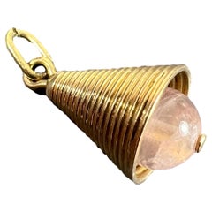 18 Karat Yellow Gold Ridged Bell with Rose Quartz Bead Charm Pendant