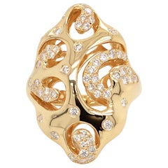 18 Karat Yellow Gold Ring Open Work Set with Diamonds Made in Italy with Box