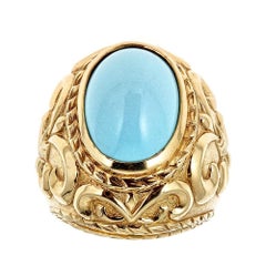 Vintage Oval Sleeping Beauty Turquoise Cocktail Ring in 18K Yellow Gold