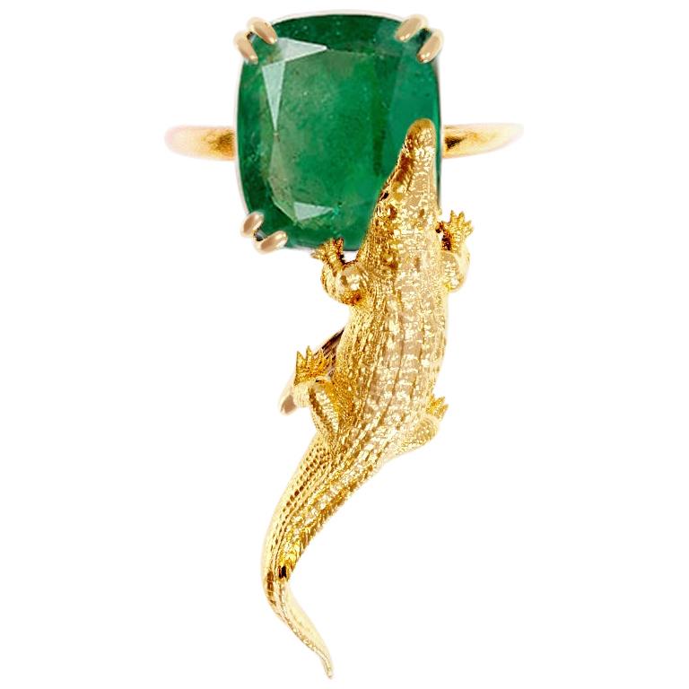 Eighteen Karat Yellow Gold Ring with Two Carats Cushion Natural Emerald For Sale