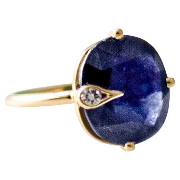 Yellow Gold Ring with Four Carats Corn Flower Sapphire and Diamond For Sale