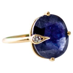 Used Yellow Gold Ring with Four Carats Corn Flower Sapphire and Diamond