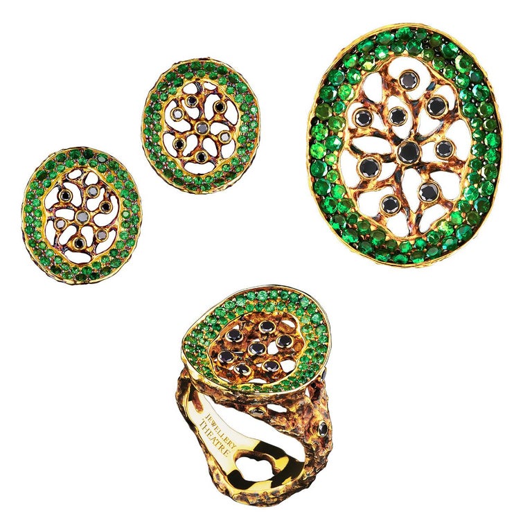 18 Karat Yellow Gold Ring with Black Diamonds and Tsavorites For Sale ...