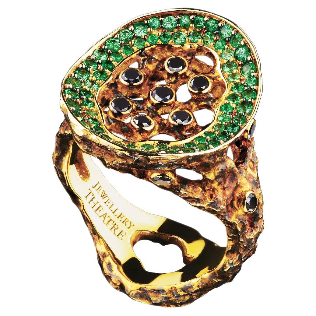 18 Karat Yellow Gold Ring with Black Diamonds and Tsavorites For Sale