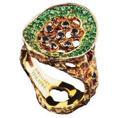 18 Karat Yellow Gold Ring with Black Diamonds and Tsavorites