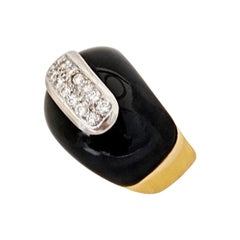 Retro 18 Karat Yellow Gold Ring with Black Onyx and .42 Carat Diamonds