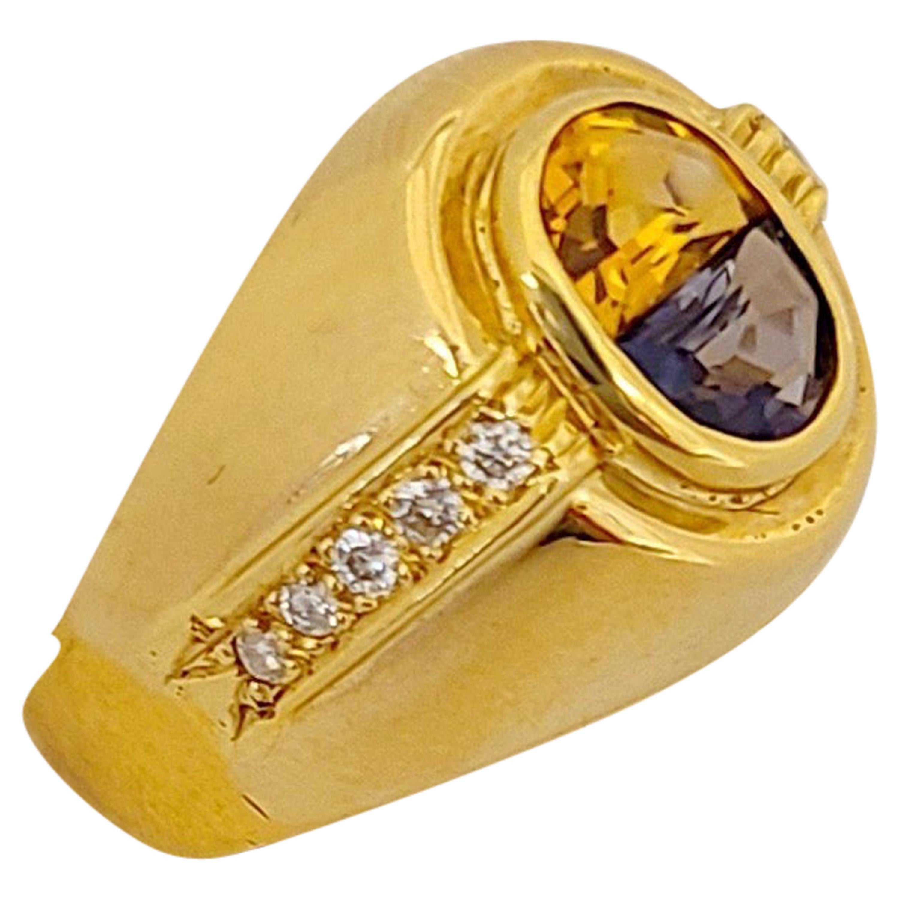 18 Karat Yellow Gold Ring with Blue Sapphire and Citrine Half Moon Center For Sale