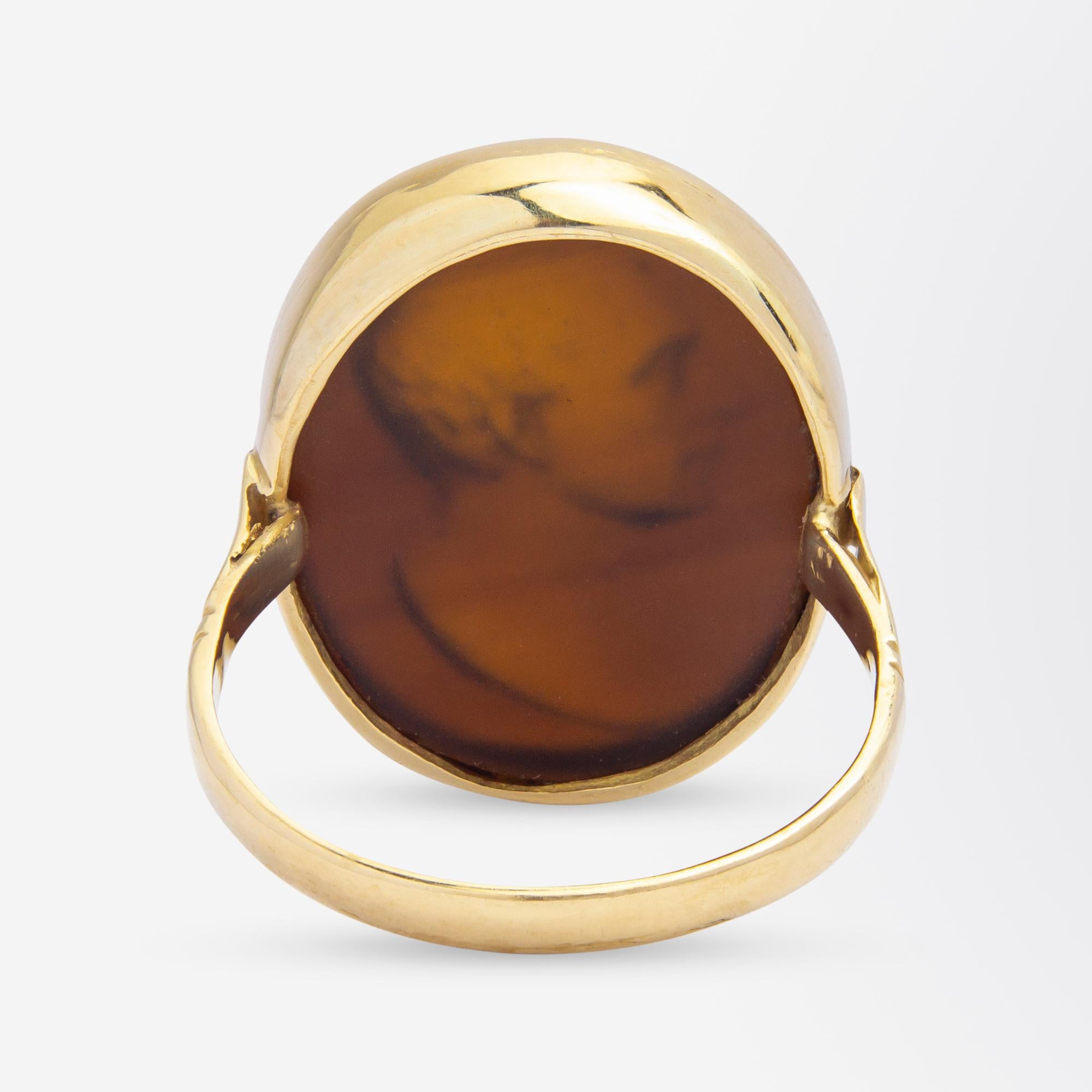 Women's or Men's 18 Karat Yellow Gold Ring With Brown Glass Intaglio by 'Hecker' For Sale