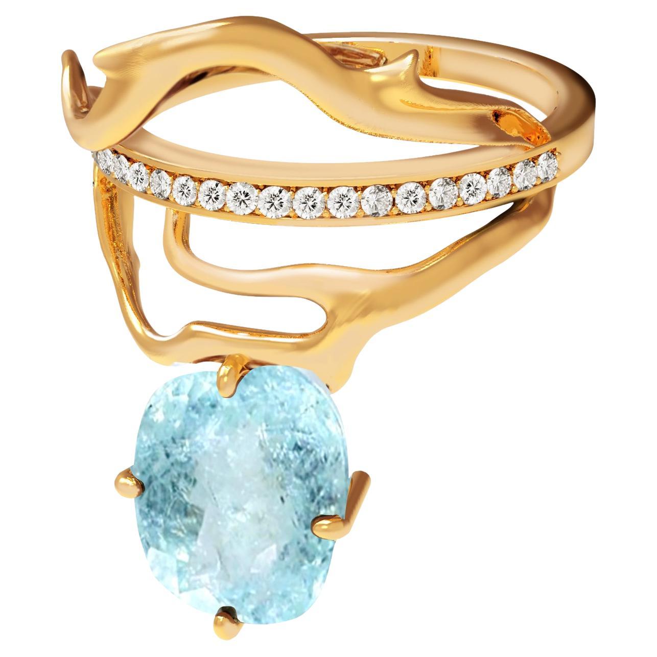 This Tibetan 18 karat yellow gold contemporary ring is encrusted with diamonds, and oval cut paraiba tourmaline  (neon copper bearing, 2,4 carats, blue with inclusions). Size is custom made. It was inspired by Tibetan culture, colourful flags,