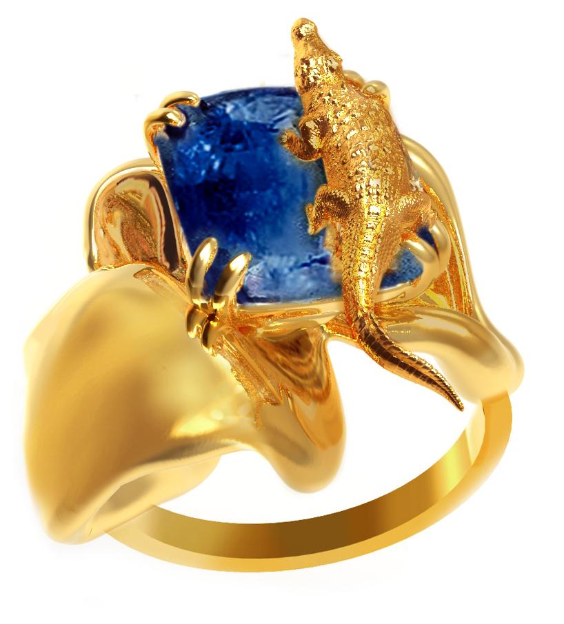 This 18 karat yellow gold contemporary engagement ring is encrusted with natural cushion sapphire. The flower size is 2 cm. The ring belongs to Mesopotamian collection, designed by oil painter and 3D jewellery designer, Polya Medvedeva. It is