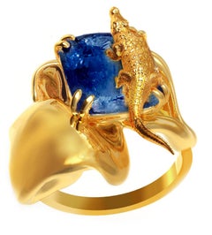 Eighteen Karat Yellow Gold Serpent Ring with Cushion Natural Blue Sapphire