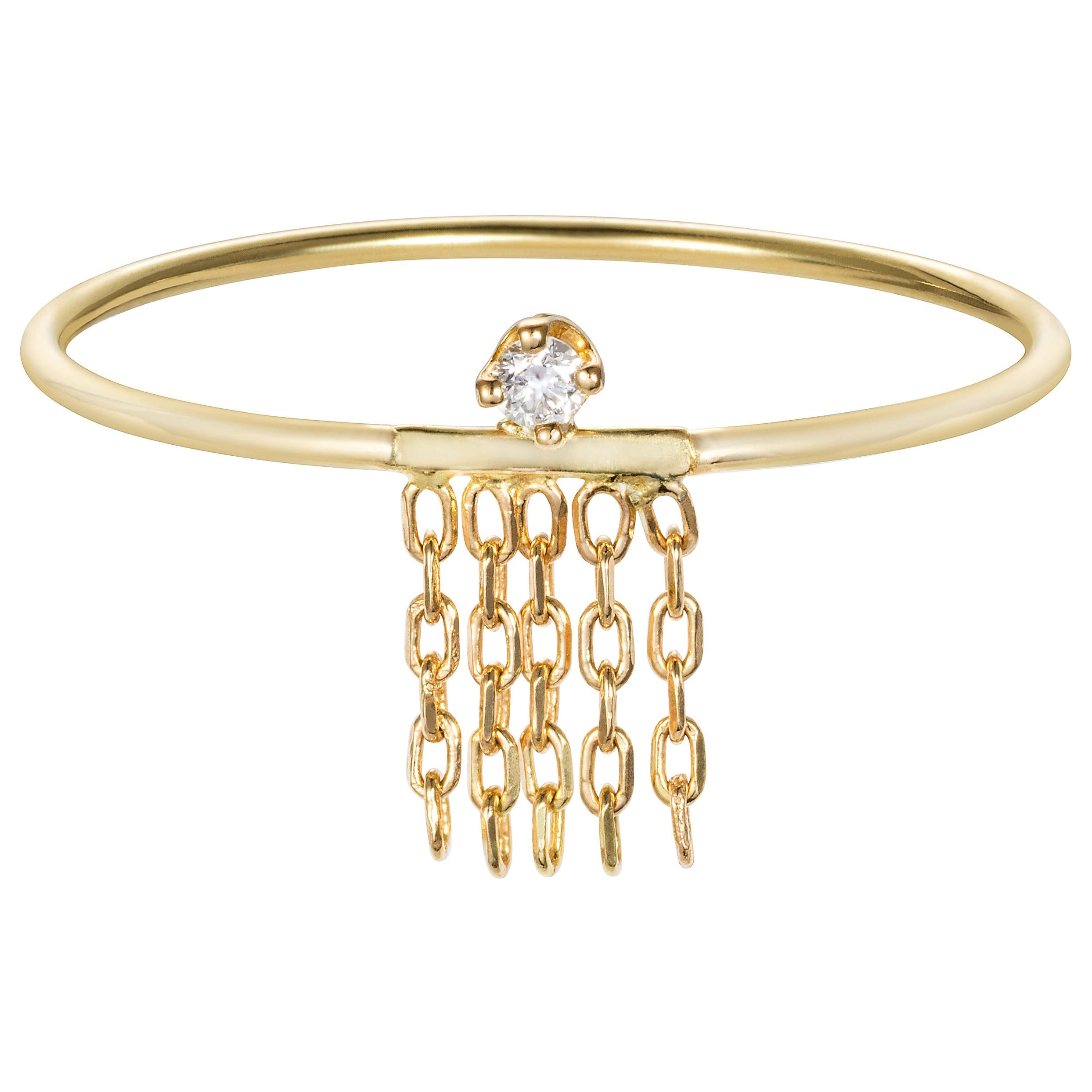 18 Karat Yellow Gold Ring With Diamond and Chain Fringe For Sale