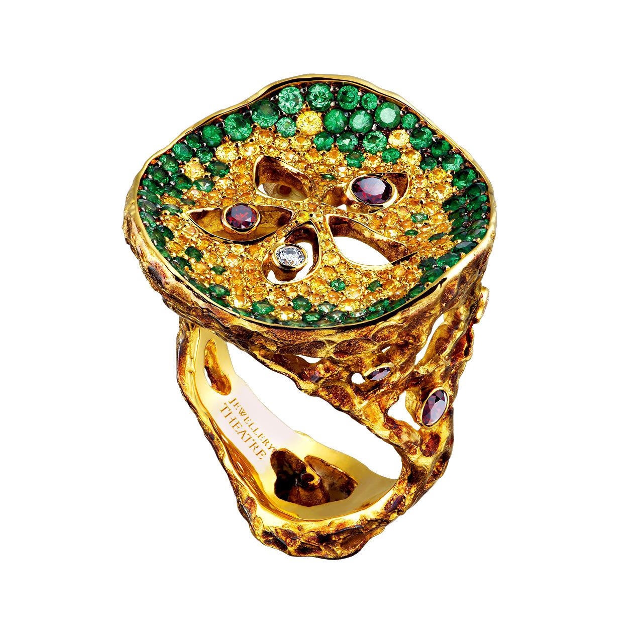 18 Karat Yellow Gold Ring with Diamonds Tsavorites and Yellow Sapphires For Sale