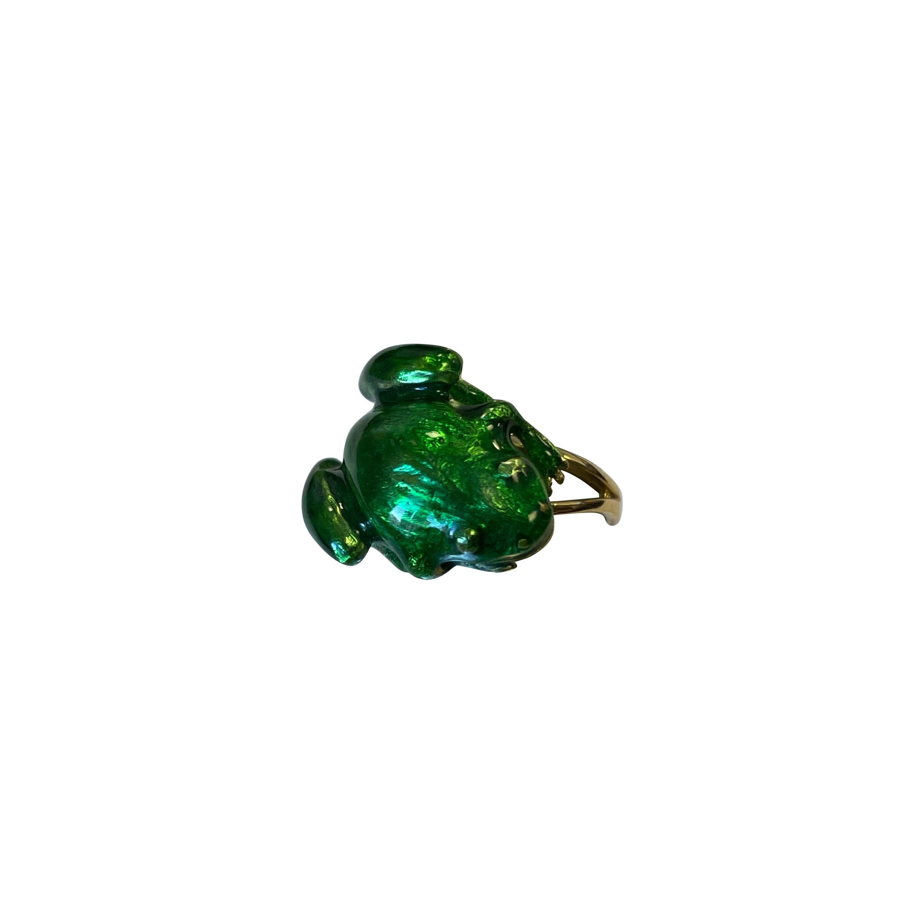 18 Karat Yellow Gold Ring with Green Enamel Frog