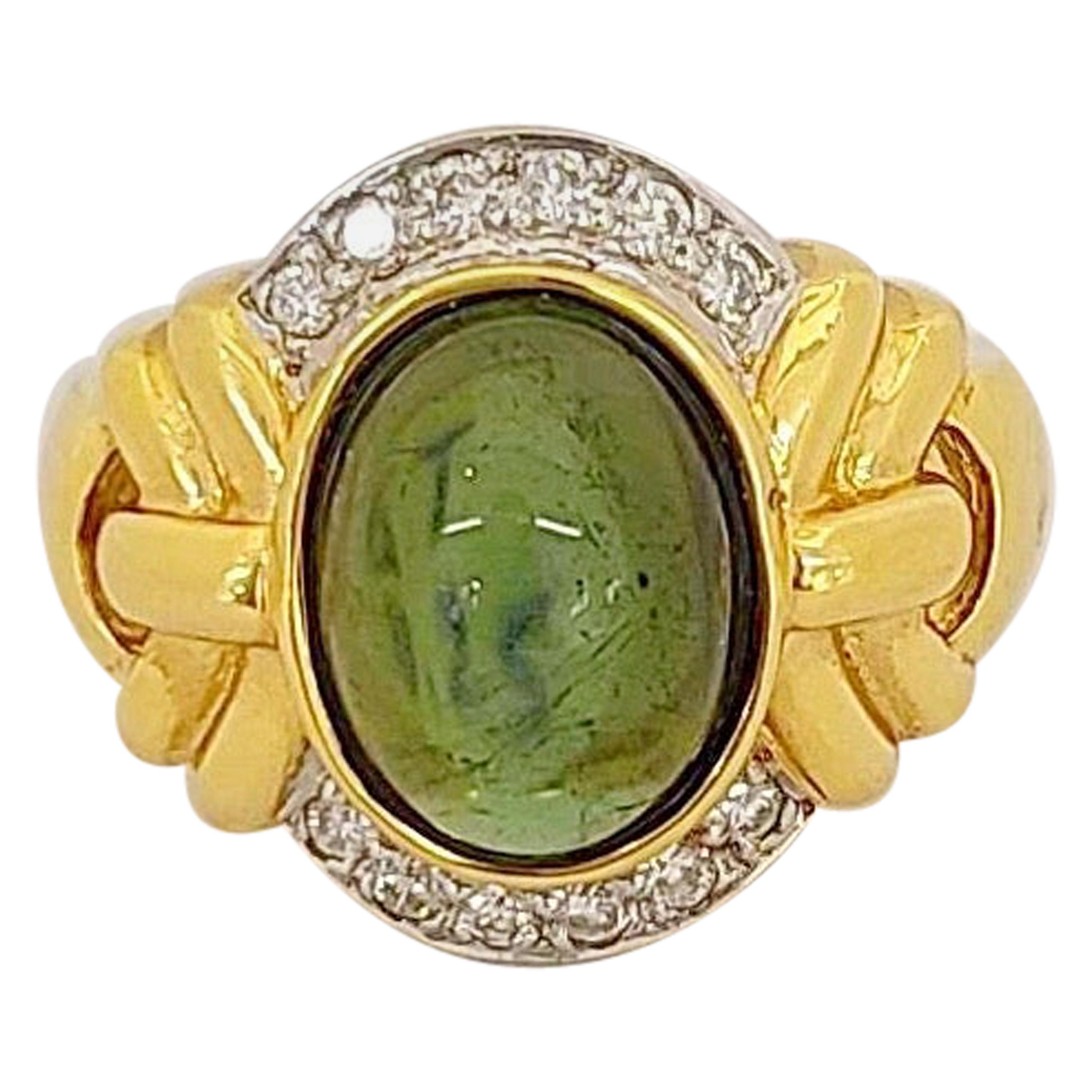 18 Karat Yellow Gold Ring with Green Tourmaline and .25 Carat Diamonds
