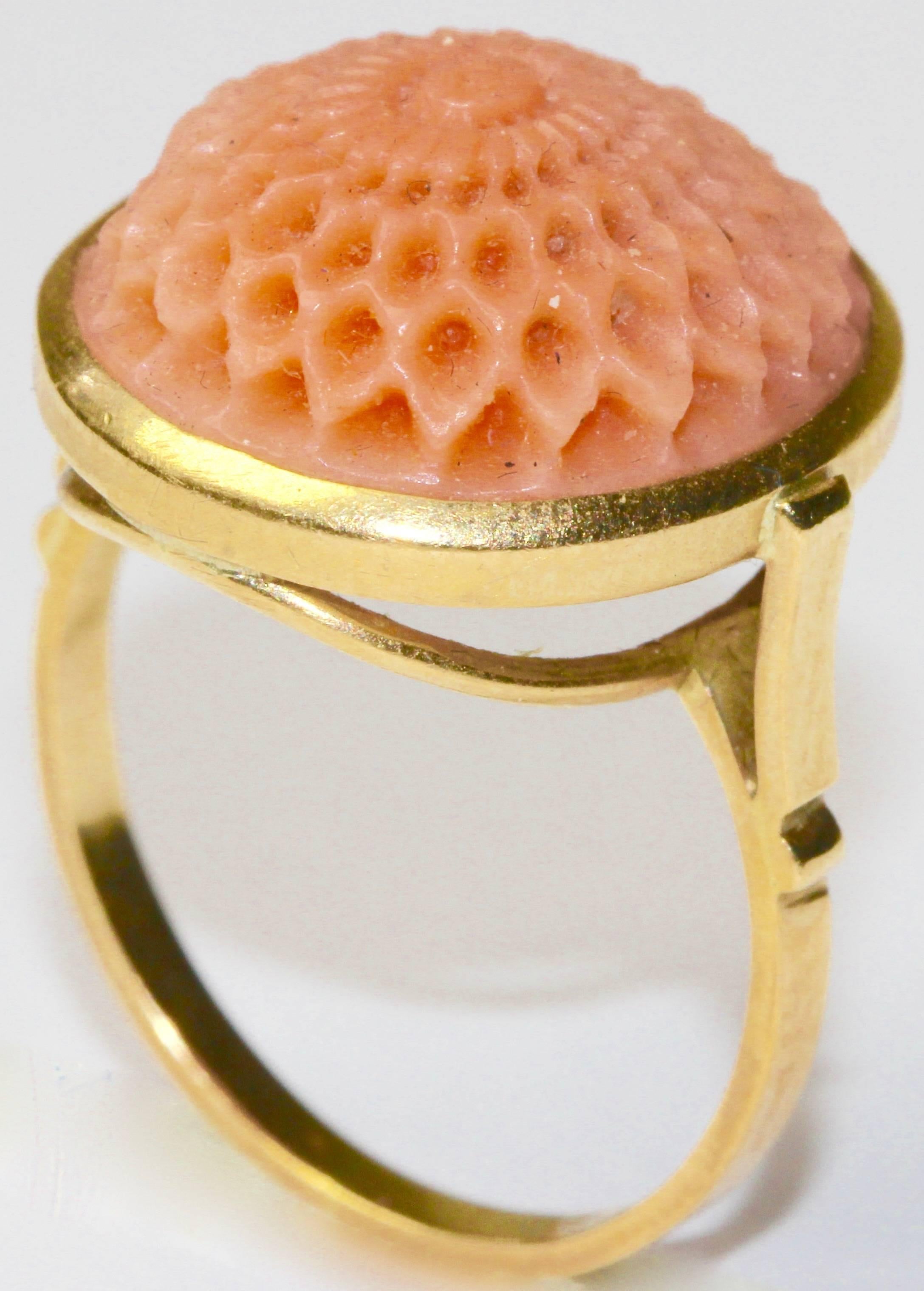Women's 18 Karat Yellow Gold Ring with Intricately Carved Salmon Coral For Sale