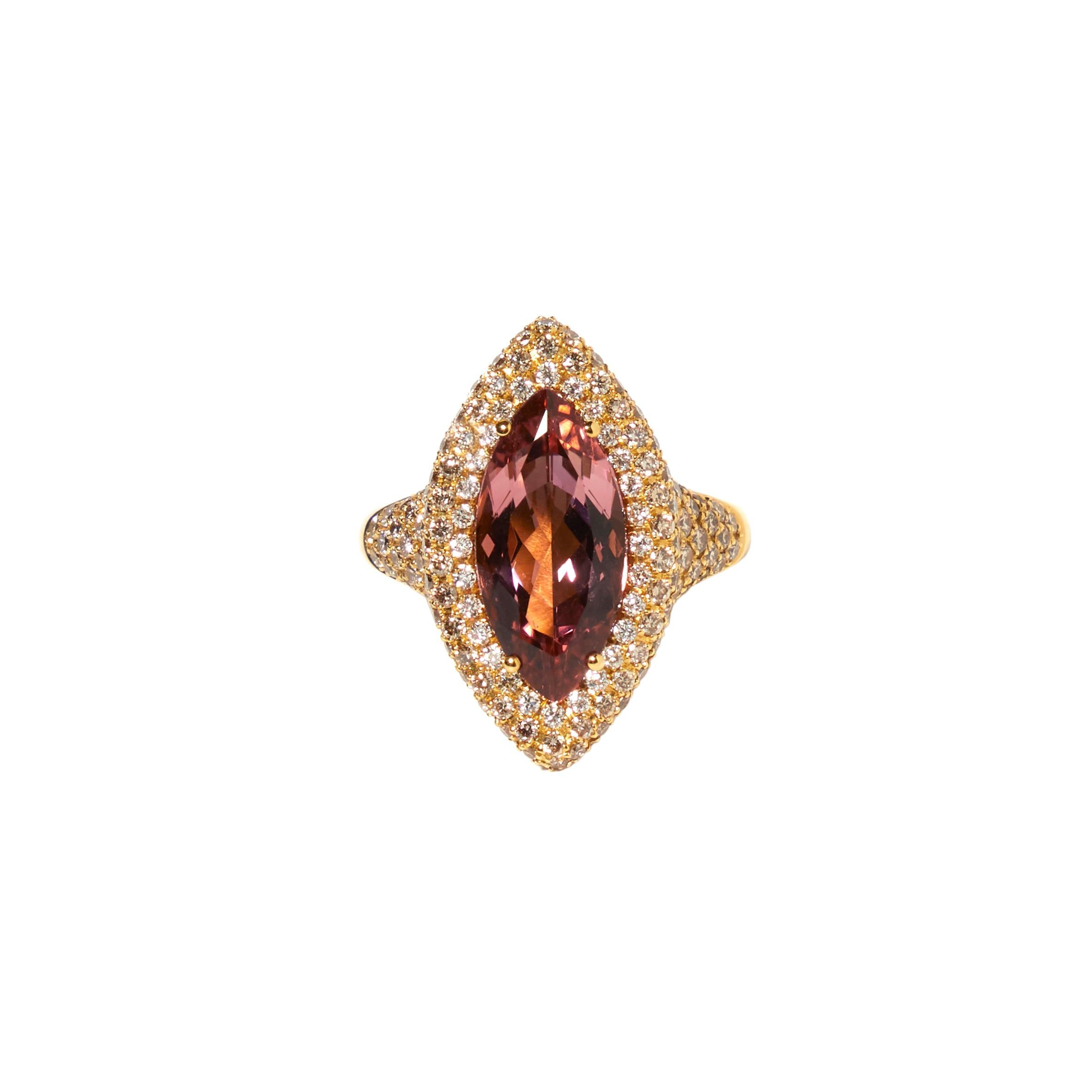 Modern 18 karat yellow gold ring with marquise cut tourmaline and pave set diamonds For Sale