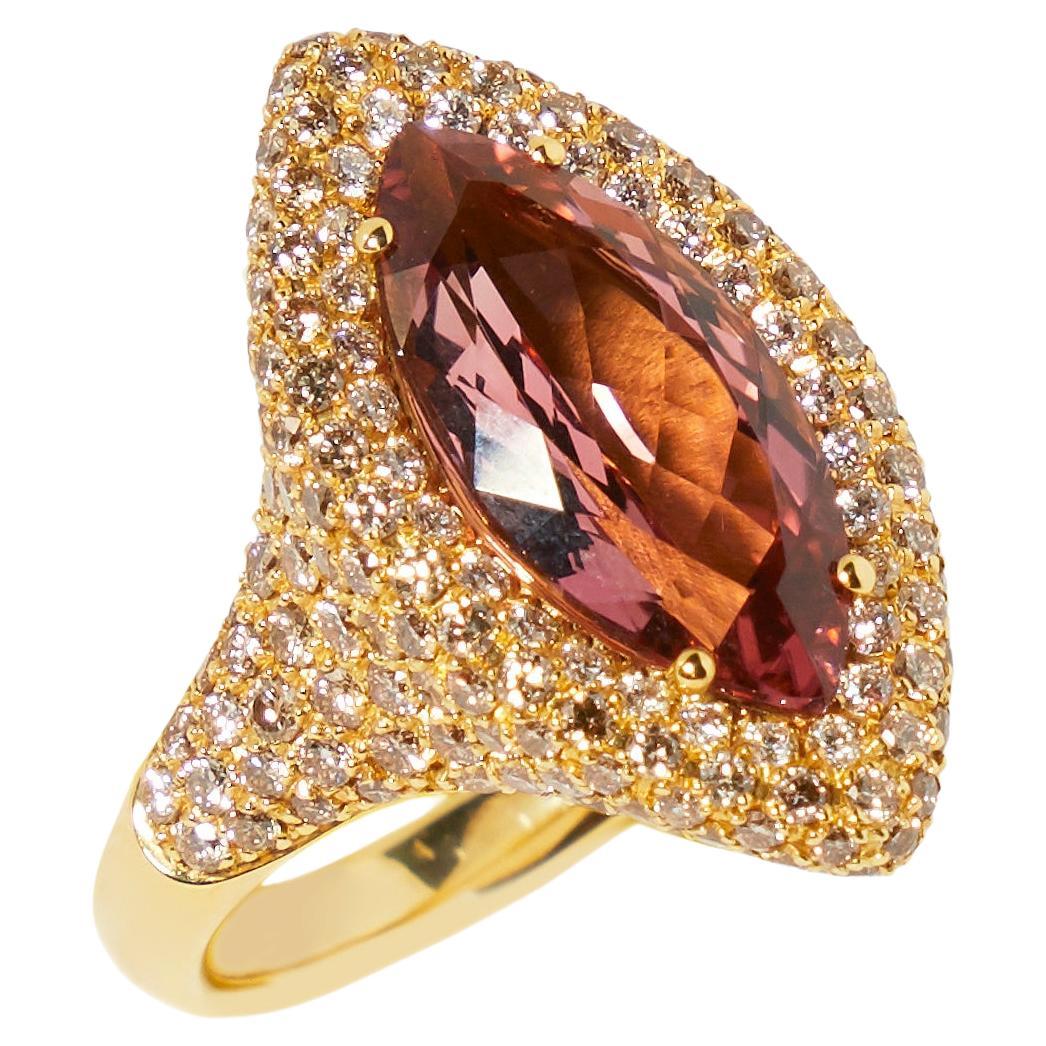 18 karat yellow gold ring with marquise cut tourmaline and pave set diamonds For Sale