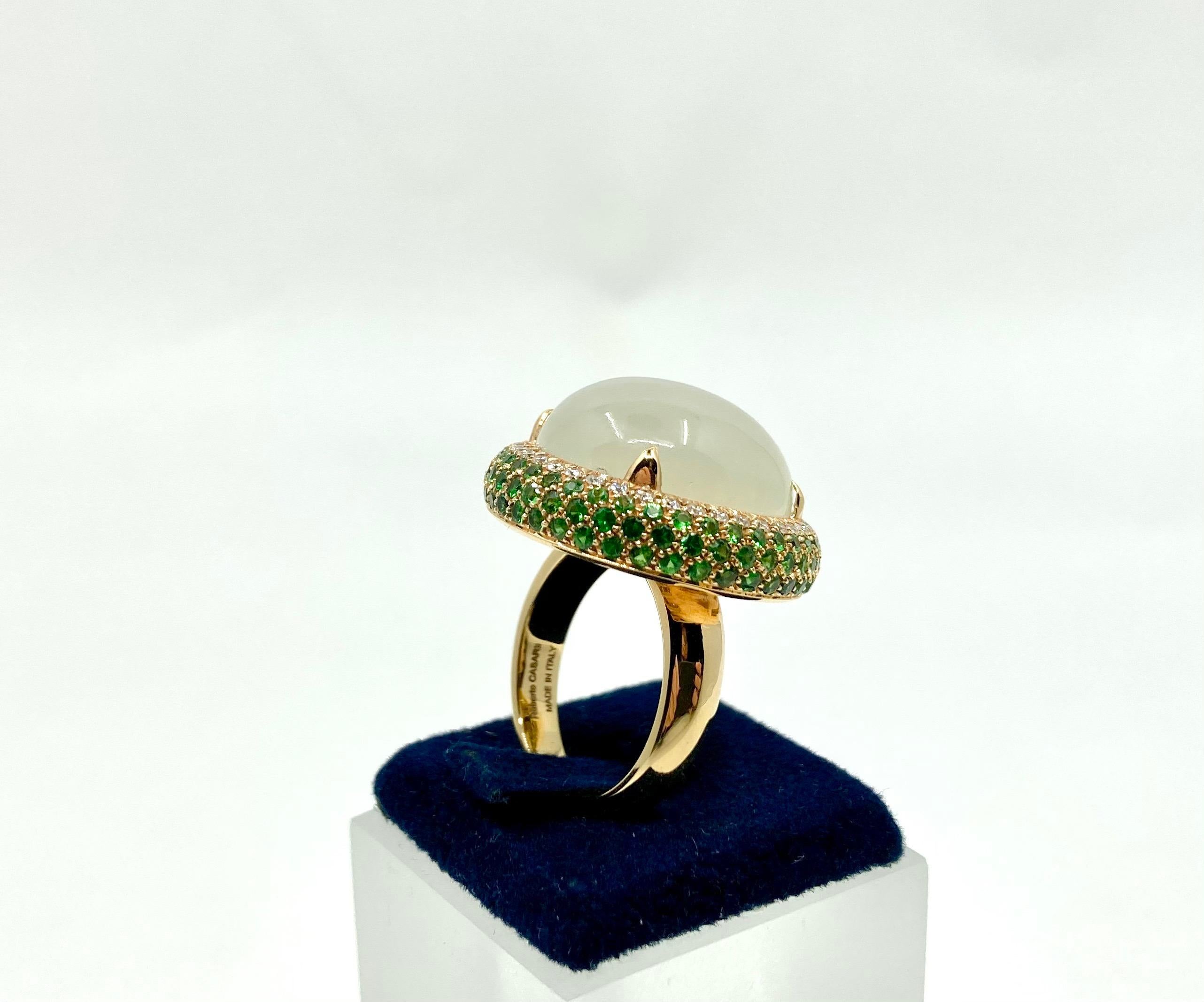 Modern 18 Karat Yellow Gold Italian Ring, with Moonstone, Diamonds and Tsavorite For Sale