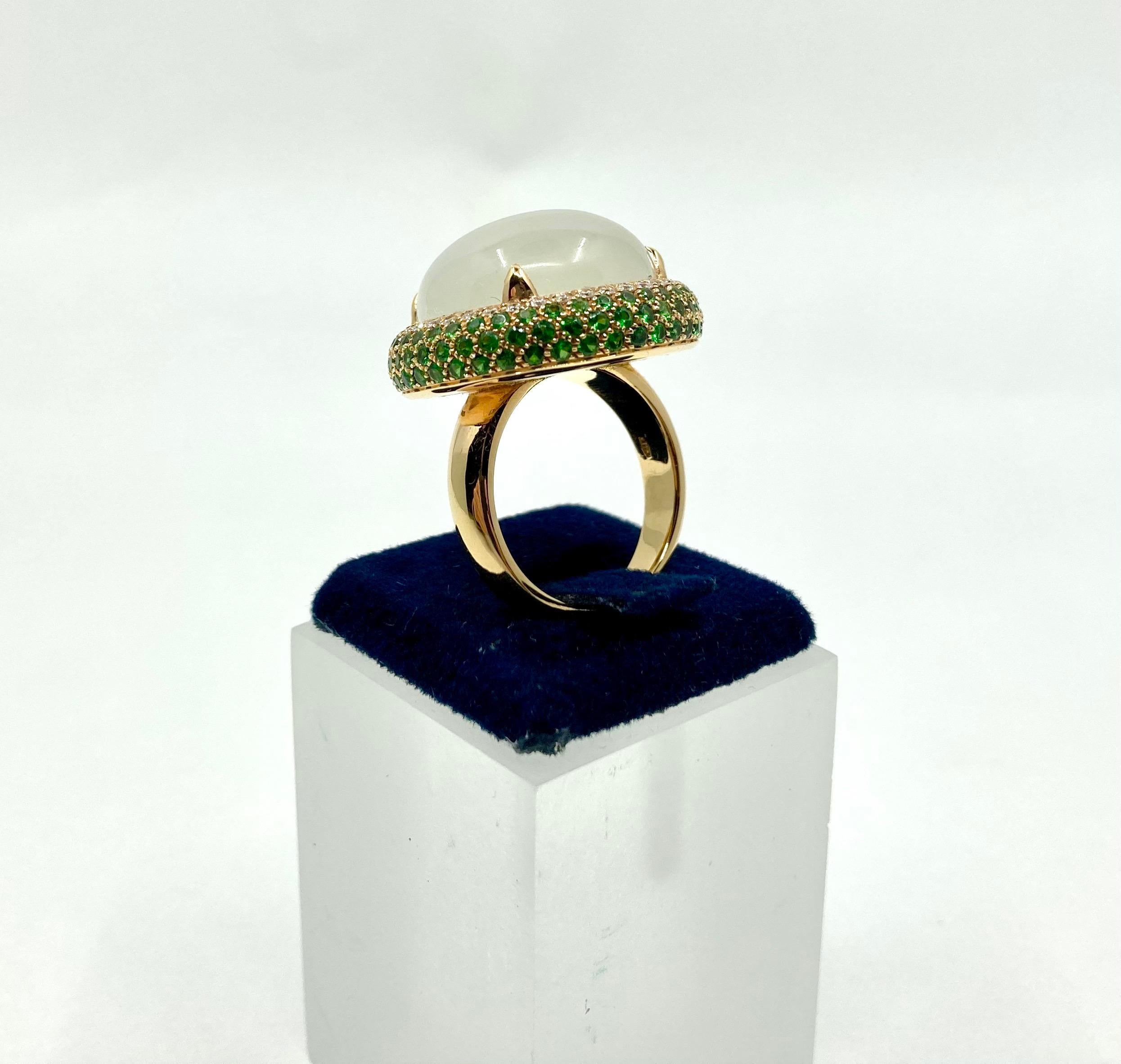 Half Moon Cut 18 Karat Yellow Gold Italian Ring, with Moonstone, Diamonds and Tsavorite For Sale