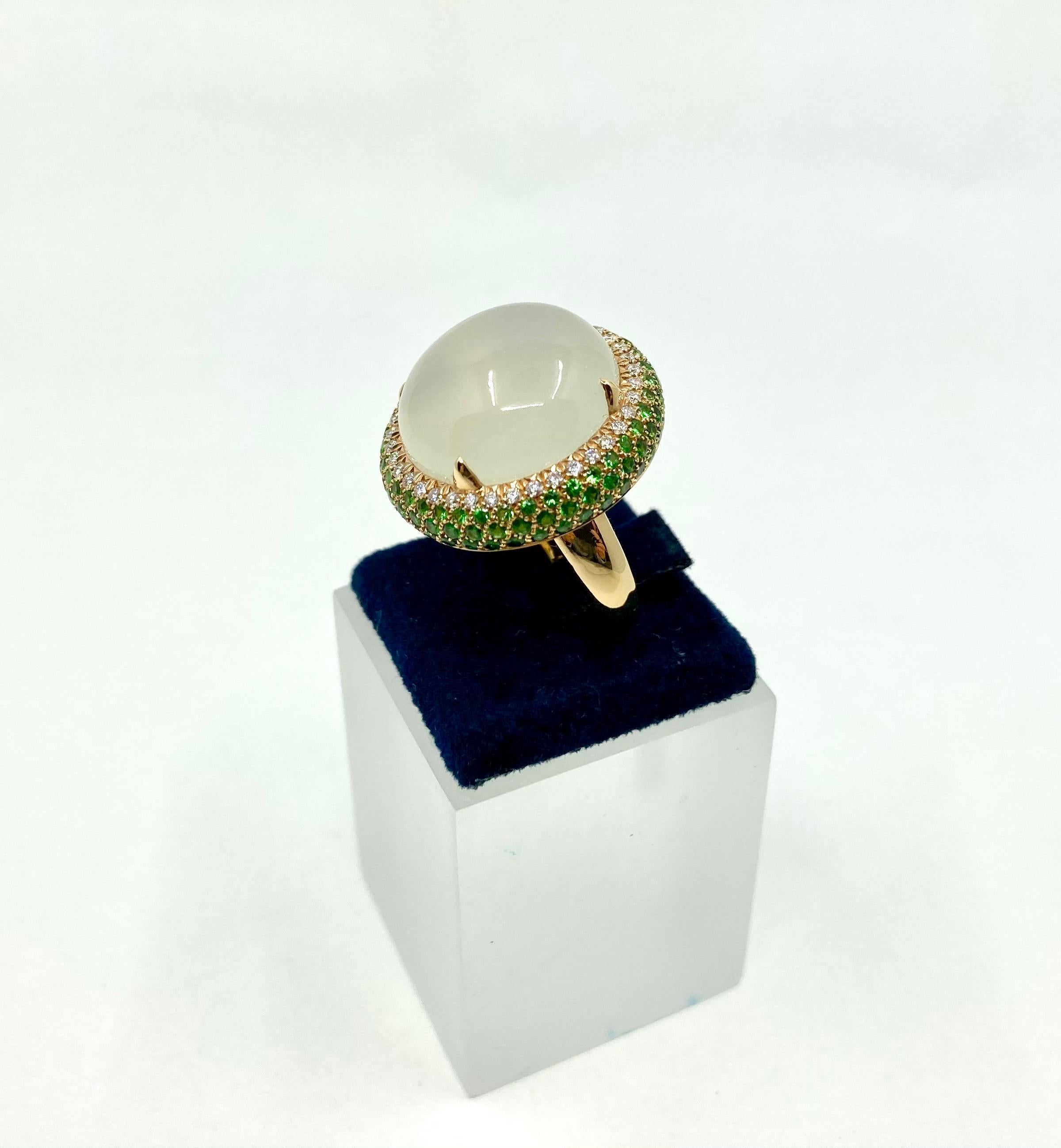 Women's 18 Karat Yellow Gold Italian Ring, with Moonstone, Diamonds and Tsavorite For Sale