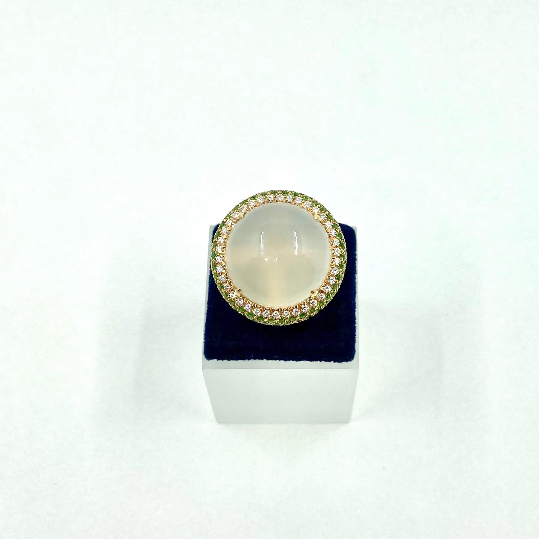 18 Karat Yellow Gold Italian Ring, with Moonstone, Diamonds and Tsavorite For Sale 1