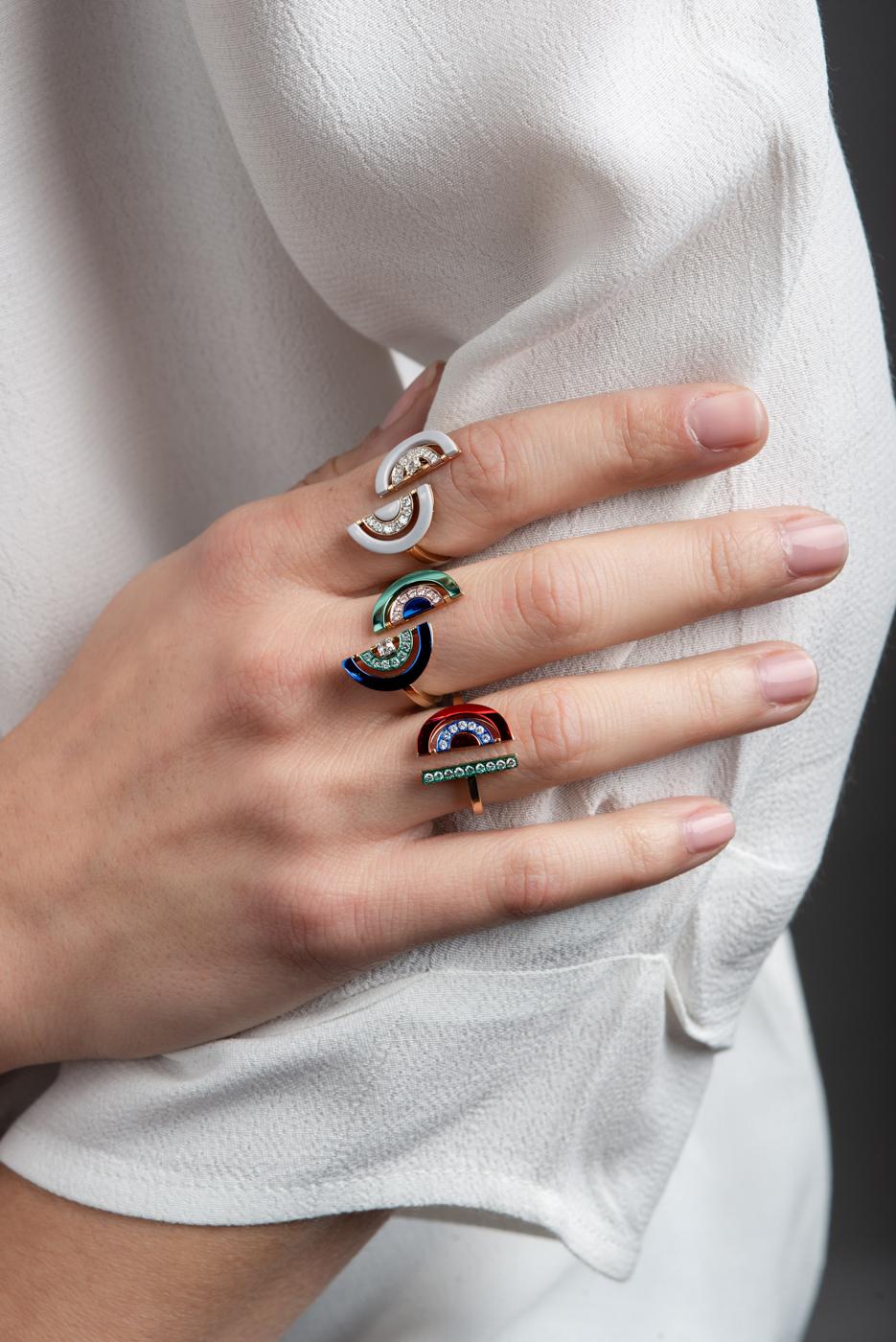 Nikos Koulis ring from ‘Acrobat’ collection, which is about artistic freedom along certain schemes. Influenced by artists such as Wassily Kandinsky, who expressed his inner self through geometrical schemes and liberated his forms and colors,