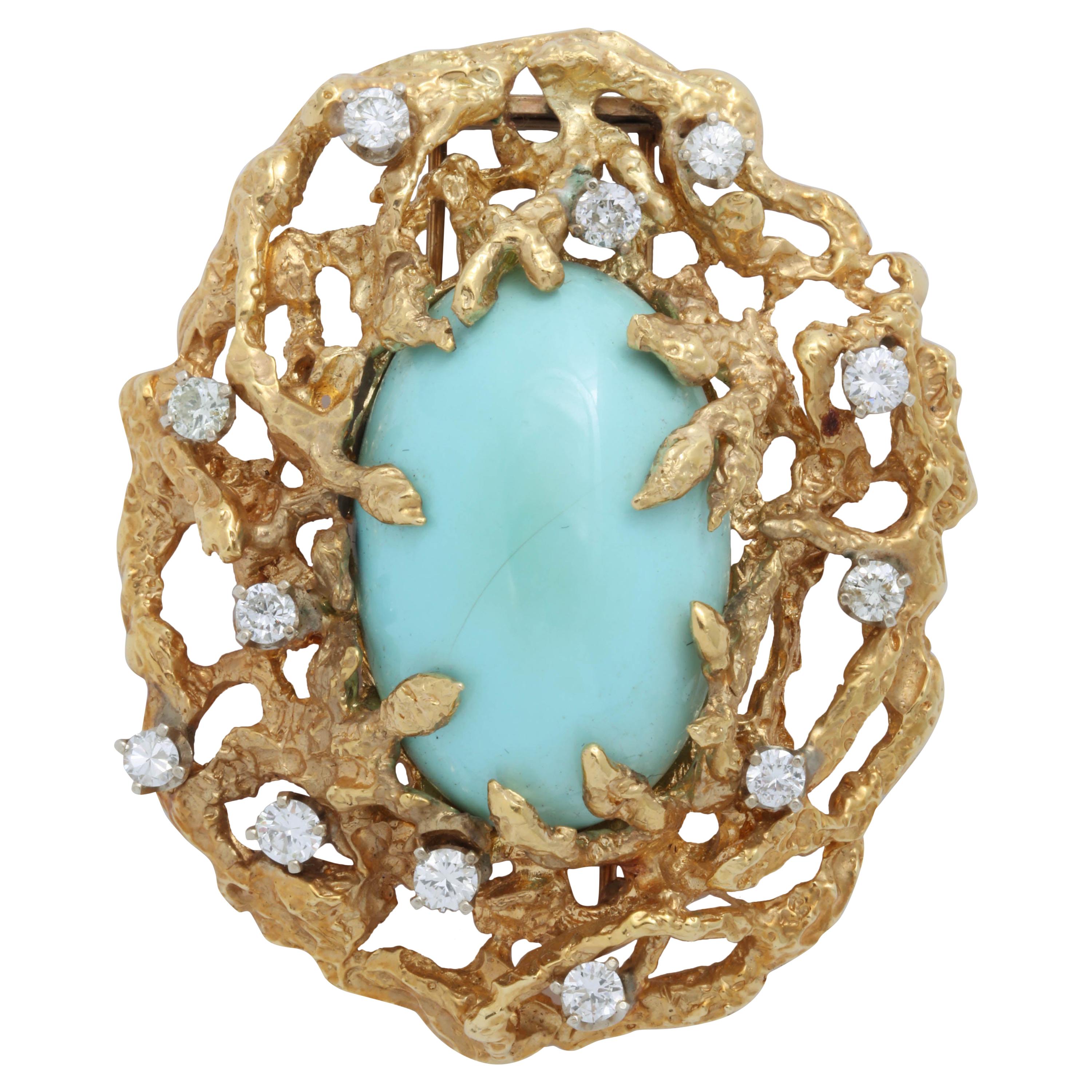 18 Karat Yellow Gold Robin's Egg Blue Turquoise and Diamond Clip For Sale