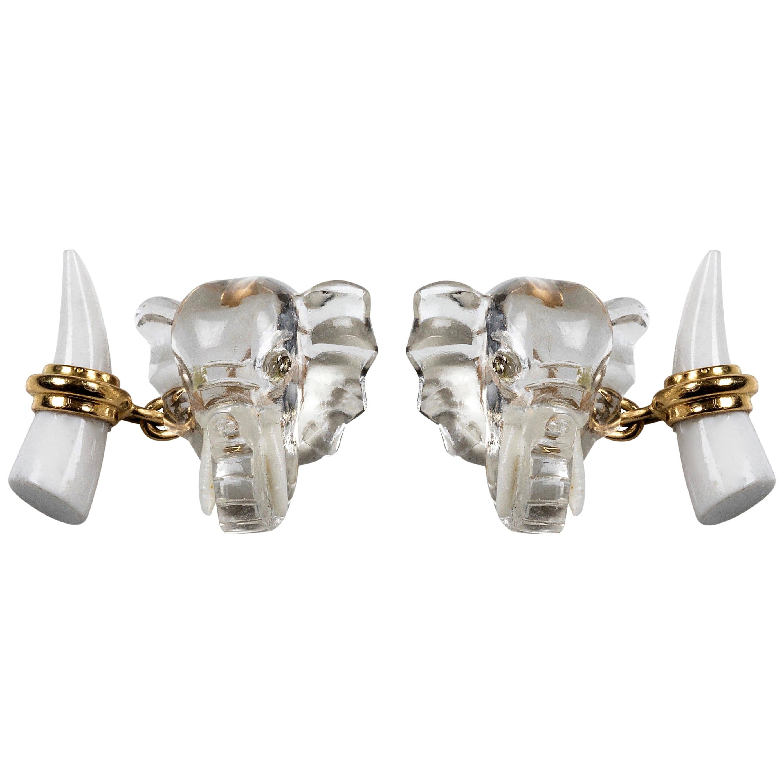 18 Karat Yellow Gold Rock Crystal Diamond and White Agate Elephant Cufflinks