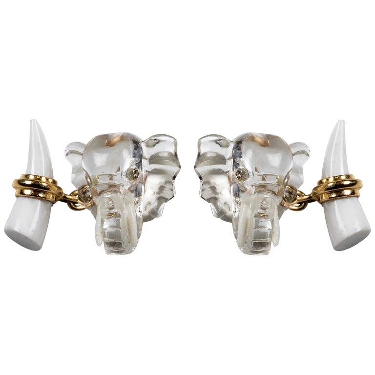 18 Karat Yellow Gold Rock Crystal Diamond and White Agate Elephant Cufflinks For Sale