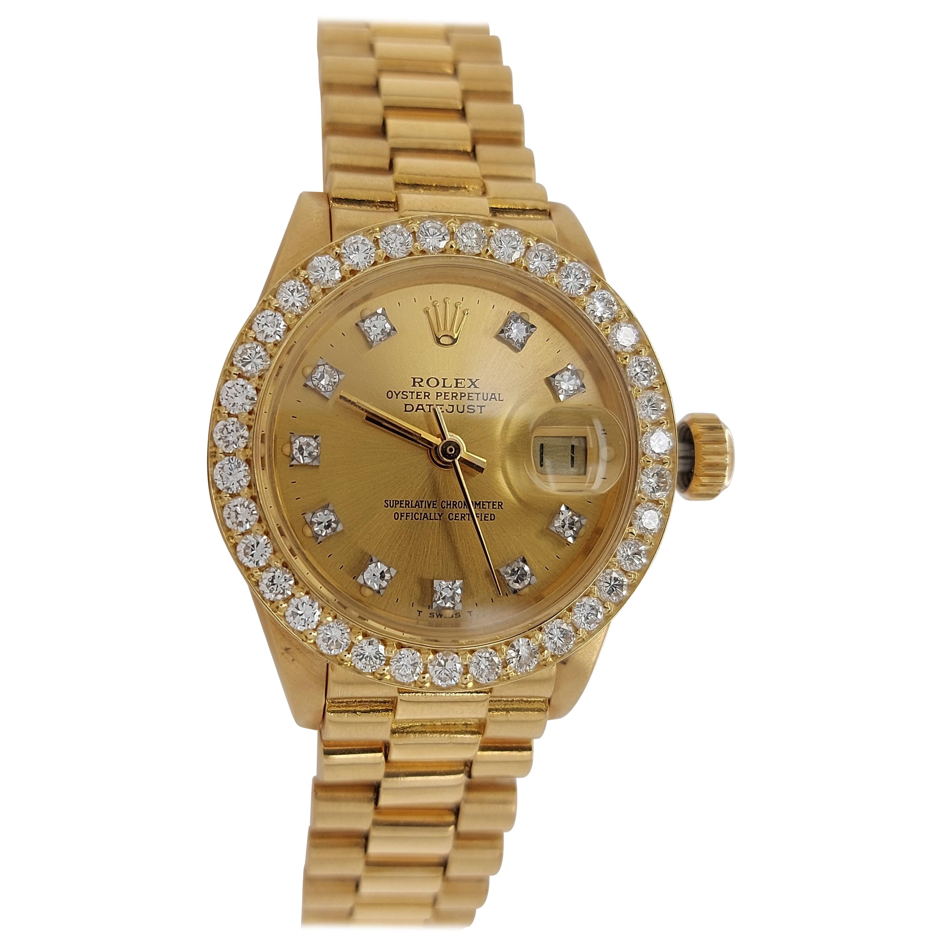 Rolex 6917 Ladies President 18k Mid size 26mm Diamond Bezel Diamond di –  Monica Jewelers