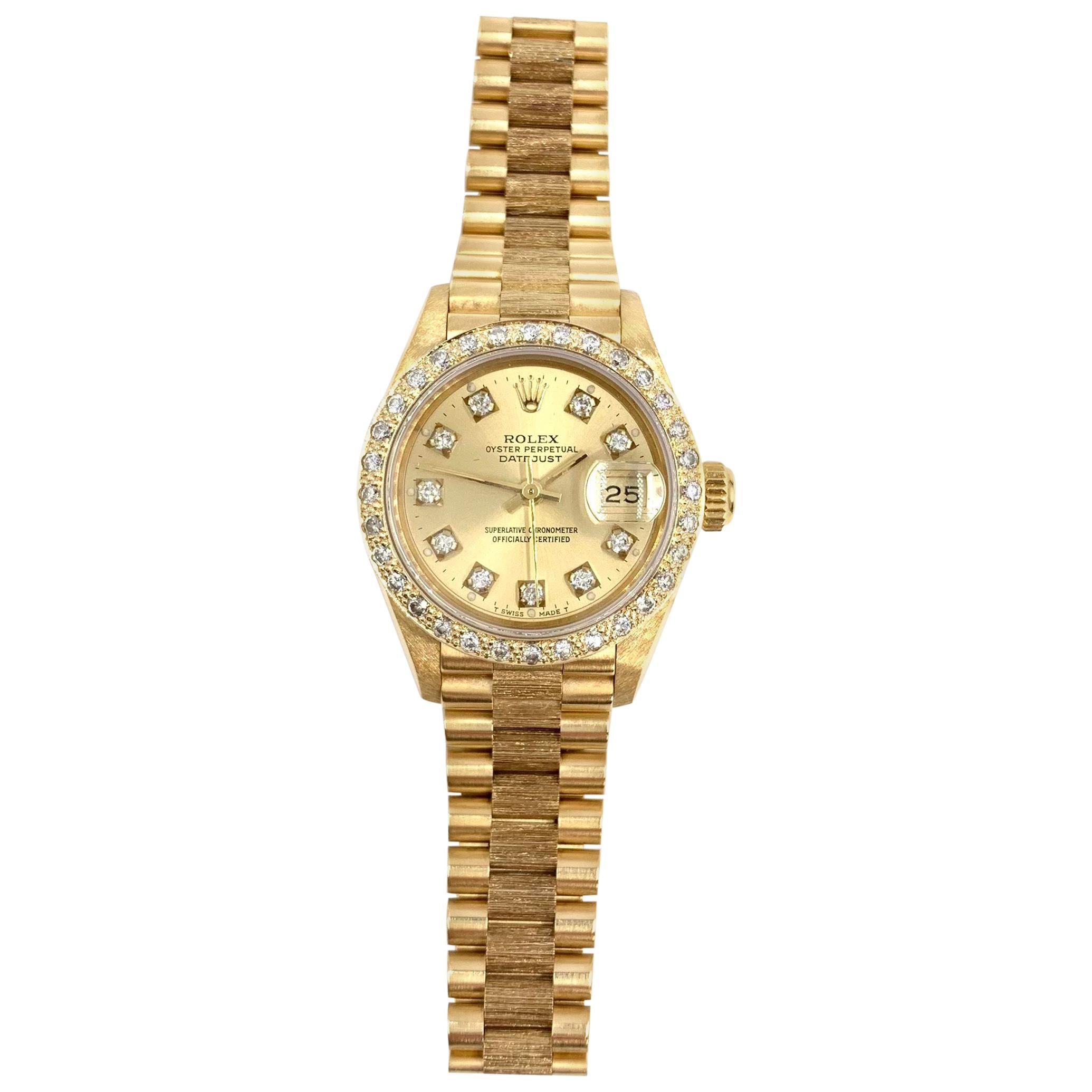 18 Karat Yellow Gold Rolex Vintage Ladies President with Diamonds