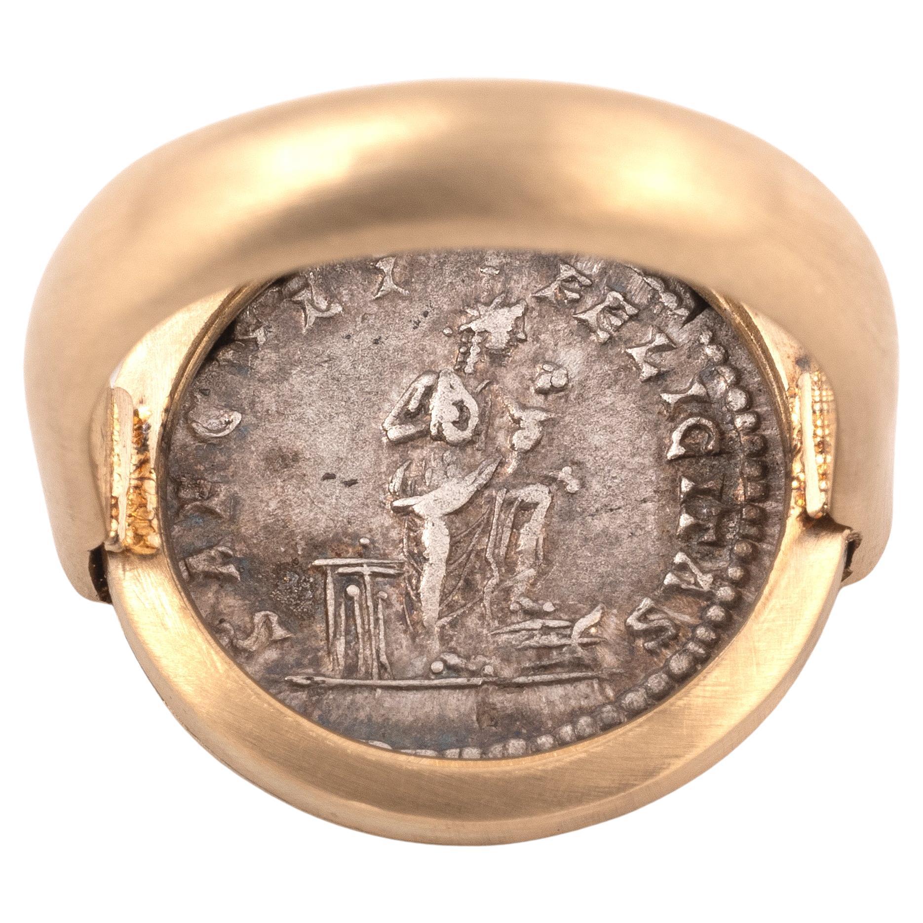 Classical Roman 18 Karat Yellow Gold Roman Silver Coin Julia Domna Augusta Men's Ring
