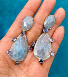 18 Karat Yellow Gold Rose Cut Aquamarine Multi Color Spinel Drop Dangle Earrings