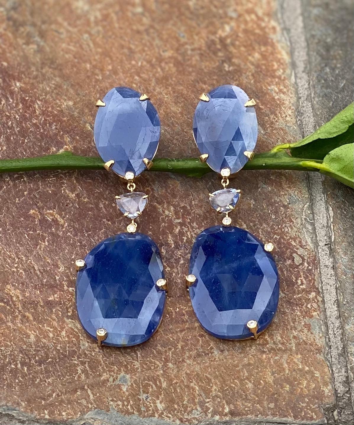 18 Karat Yellow Gold Rose Cut Blue Sapphire Diamond Drop Dangle Earrings For Sale 1