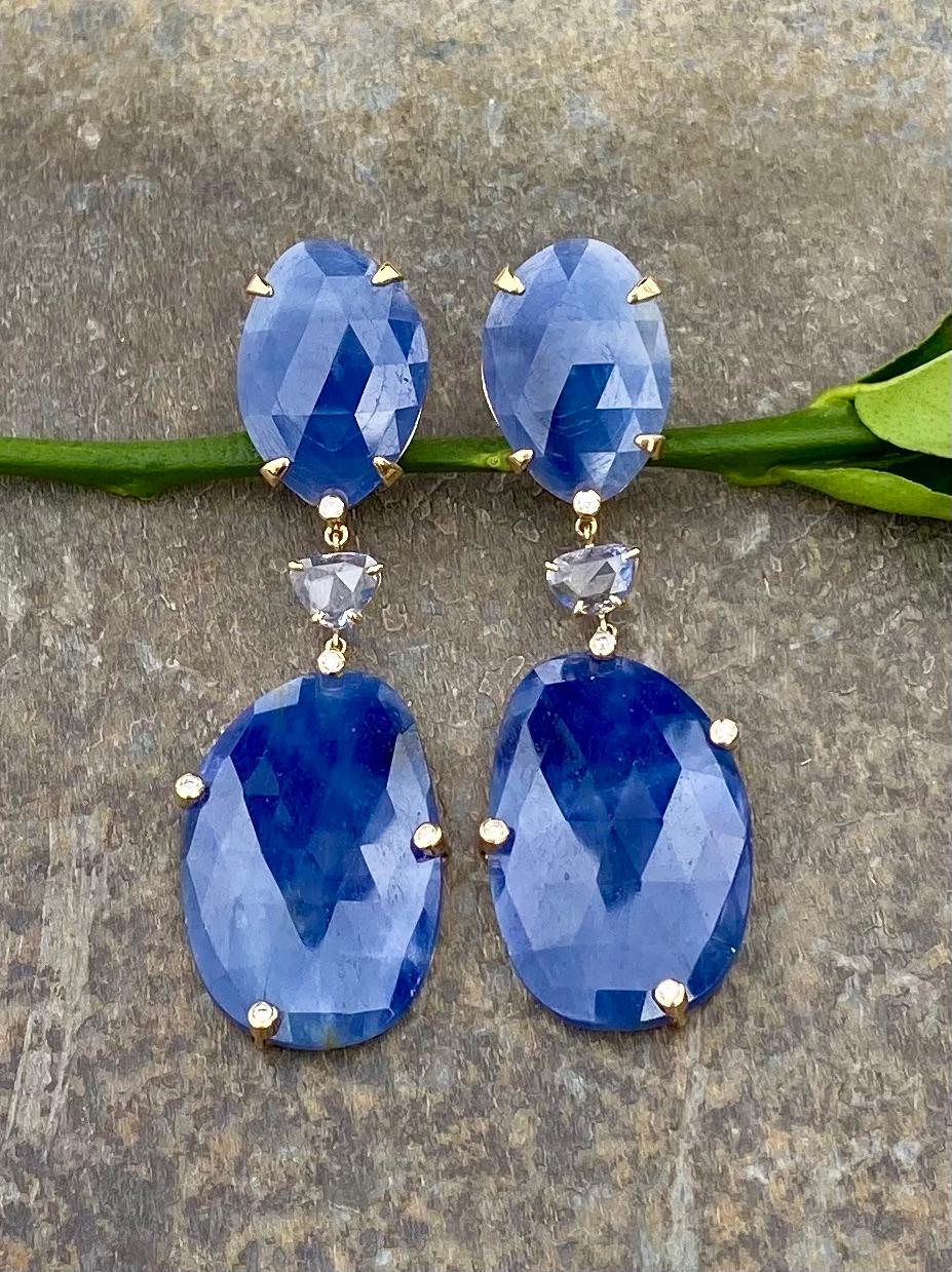 18 Karat Yellow Gold Rose Cut Blue Sapphire Diamond Drop Dangle Earrings In New Condition For Sale In New York, NY